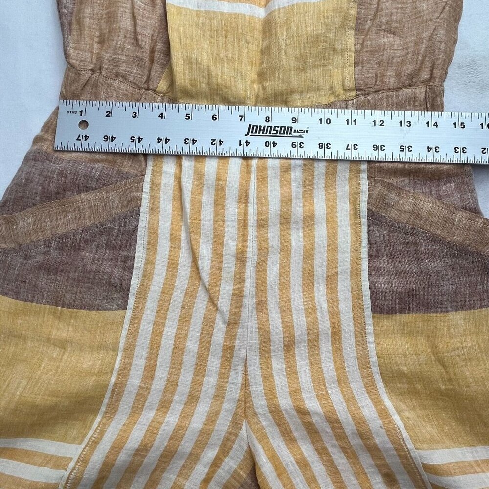 Anthropologie Ett Twa Linen Wesley Striped Romper Size 8 Brown/Yellow Pockets - Picture 8 of 11